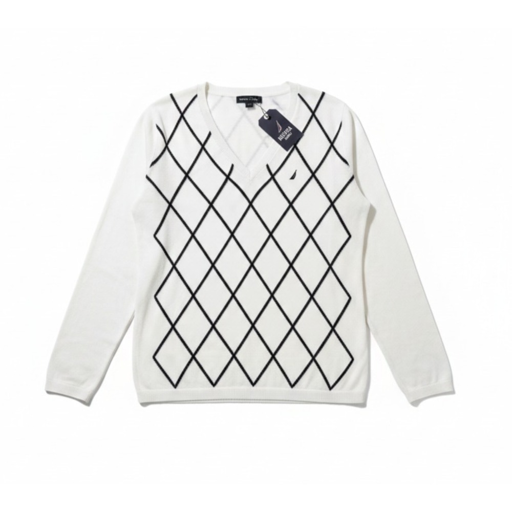 Nautica Argyle V-Neck Sweater Cotton White with Diagonal stripes Women's Size XL
